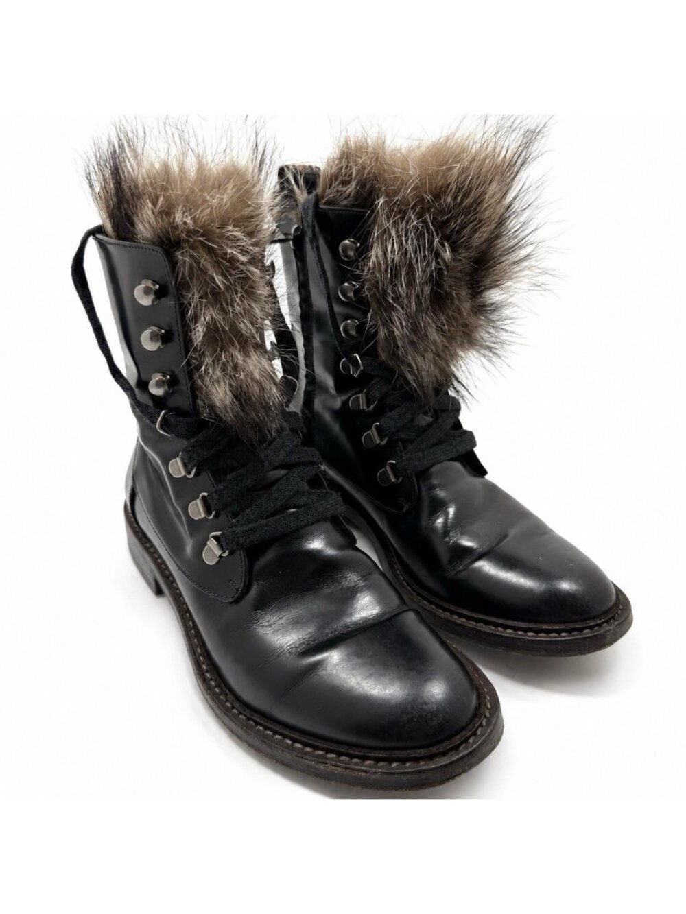Brunello Cucinelli Womens Combat Boots Size 7 Black Fur Trim Old Money Rare